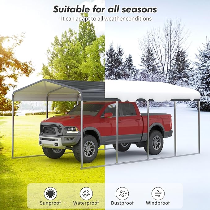 12x20 FT Metal Carport Shed,Heavy Duty Carport with Galvanized Steel Roof & Frame, Permanent All-Weather Shelter for Cars, Motorcycles, ATV, Boats, and Tractors