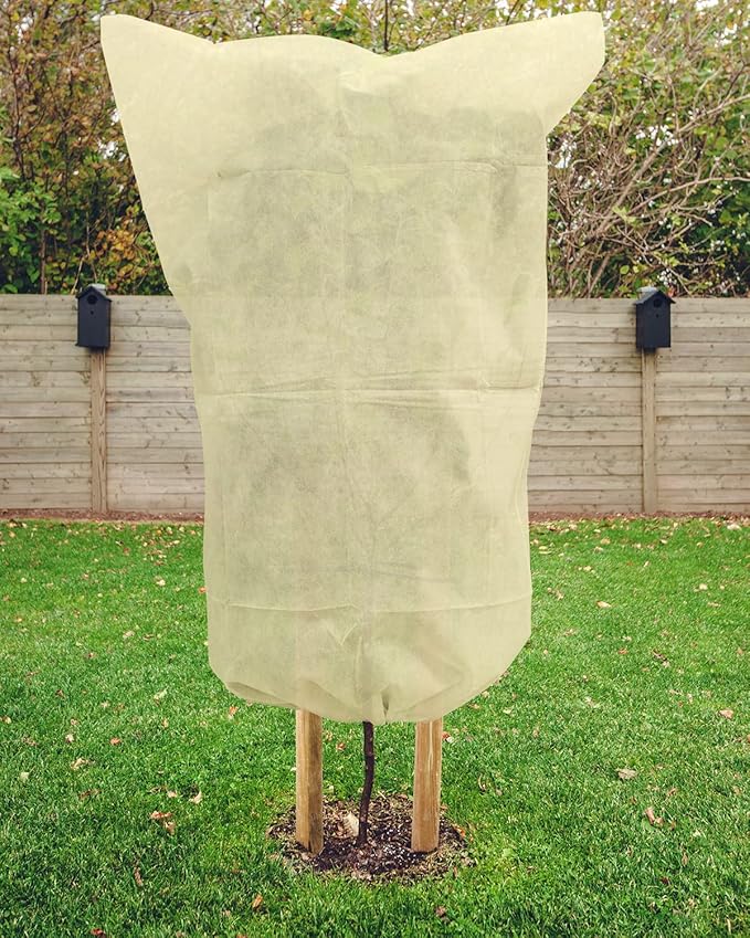 EAONE 12 Pack Plant Covers Freeze Protection, 32x47'' Winter Frosts Cloth for Outdoor Plants, Reusable Frost Blankets Drawstring Bags for Cold Freeze Sun Protection Bird Insect Prevention,Beige