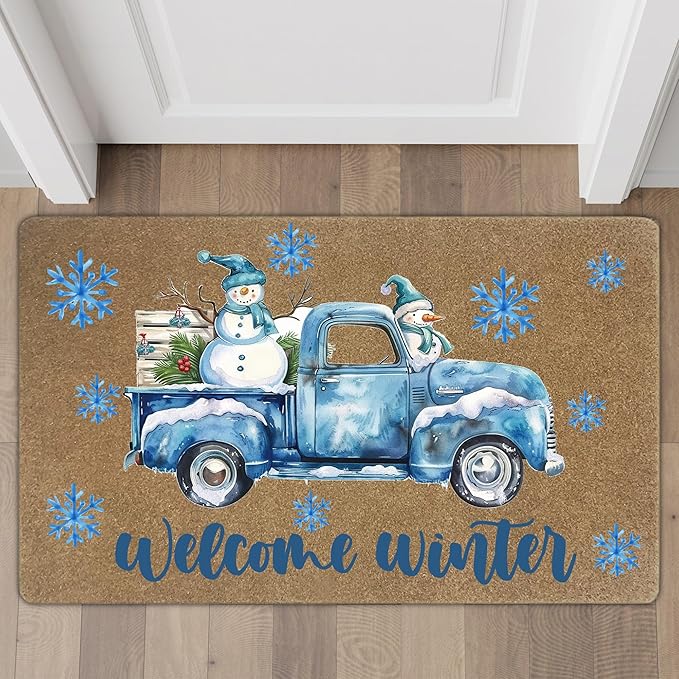 Winter Christmas Faux Coir Door Mats Outdoor, Winter Snowman Snowflake Door Mat for Home Outside Entryway, Blue Truck Christmas Welcome Doormat for Indoor Outdoor Porch Entrance, 17x30 Inch