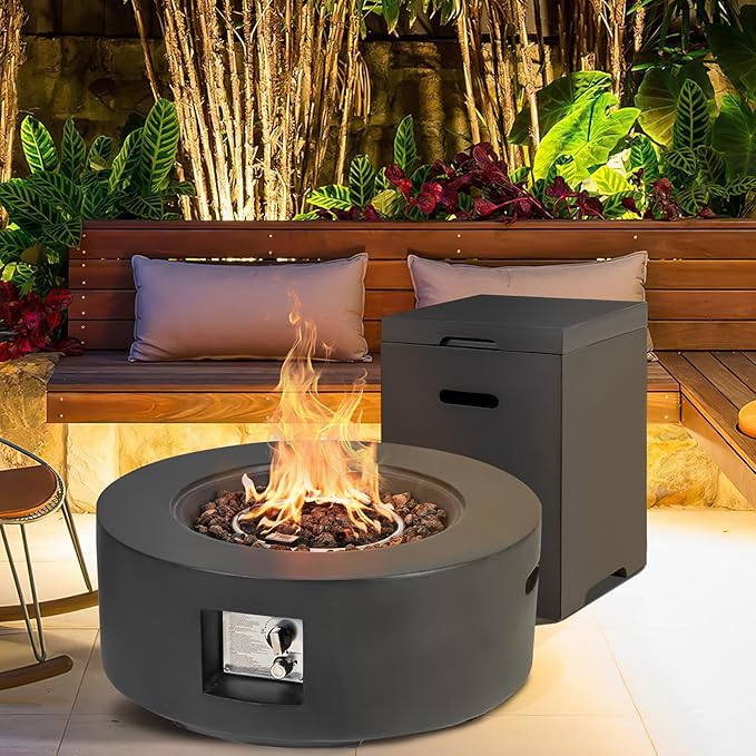 ECOTOUGE 2-Piece Gas Fire Pit, Outdoor Propane Firepit Table Set w/Tank Cover, 30''Auto-Ignition Round Steel Fire Table, 50,000 BTU Concrete fire Pit w/Weather-Resistant Pit Cover, Lava Rocks, Black