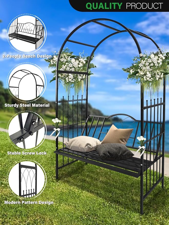 Kalolary Garden Arch with Bench, Heavy Duty Metal Garden Arbor for Climbing Plant & Bench Vines Climbing Support for Lawn Yard Patio Decor (81"x45")
