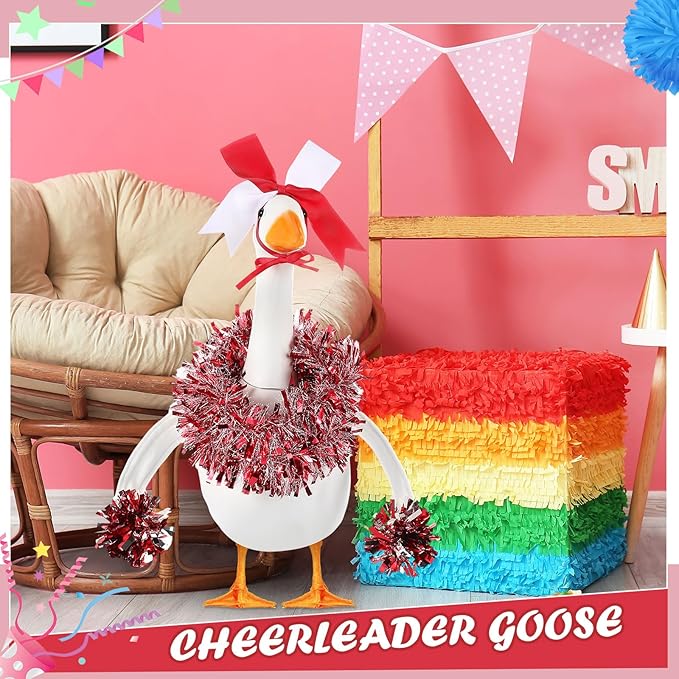 3 Pcs Cheerleader Porch Goose Outfit Poseable Wings with Pom Poms Garland and Bow for 23" Lawn Cement Goose Football Halloween Garden Patio Yard Outdoor Classroom Decorations(Red)