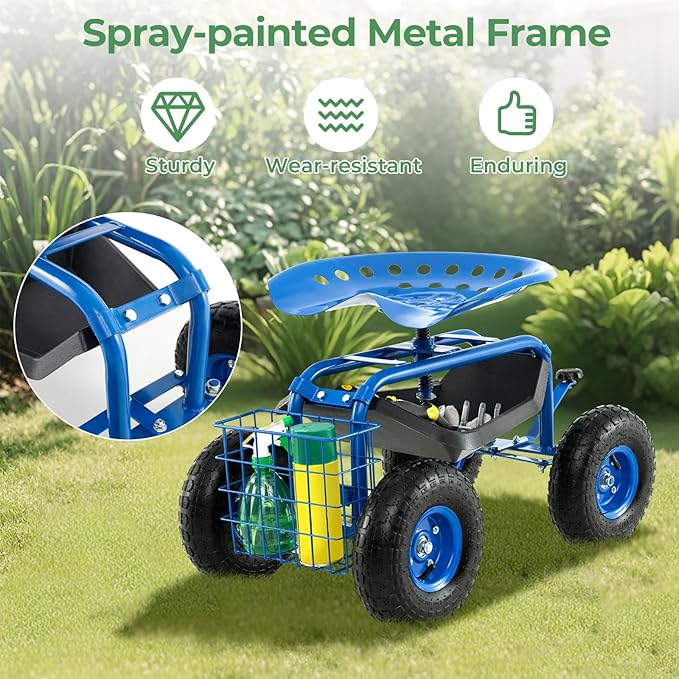 S AFSTAR Rolling Garden Cart, Wagon Scooter with 360° Swivel Seat, Storage Tray, Basket & Rubber Wheels, Heavy-Duty Gardening Tool Cart for Weeding, Patio & Yard (Blue)