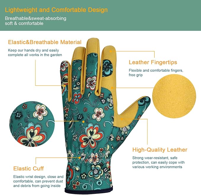 Bamllum Leather Gardening Gloves for Women - Working Gloves for Weeding, Digging, Planting, Raking and Pruning