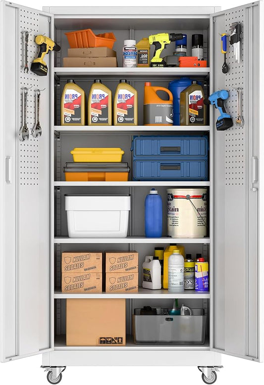 Rolling Tool Storage Cabinet with 5 Adjustable Shelves and Pegboard,Metal Garage Storage Cabinet with Wheels for Garage Home Office Utility Room,Required Assembly, 71" H×32" W×16" D,White
