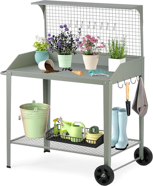 Outdoor Metal Potting Bench with Wheels, Heavy Duty Garden Workbench Table with Storage Shelf (Green, 52.8"x36.6")