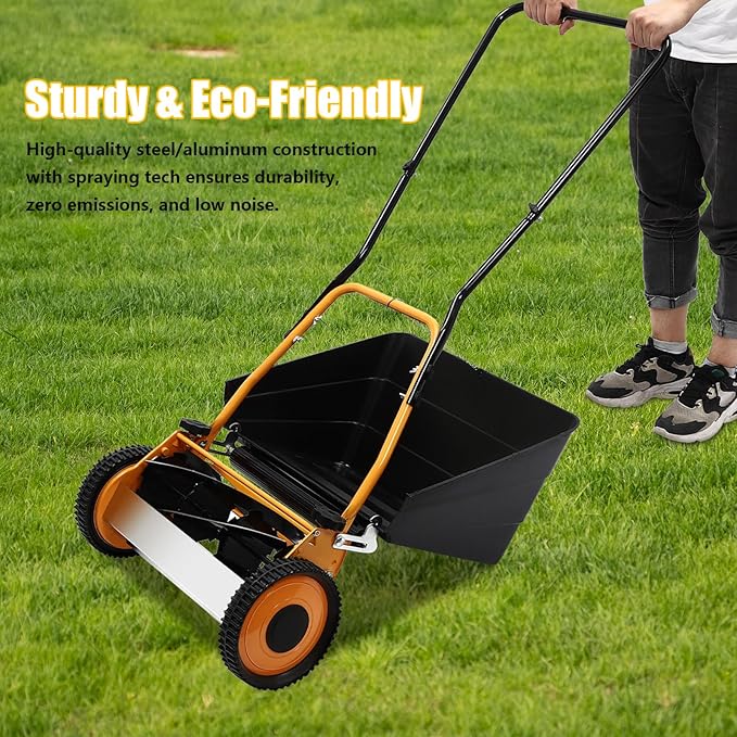 16" Manual Push Reel Lawn Mower - Hand Push Lawn Mower with Bag, Steel & Aluminum 2-in-1 Grass Cutter, Adjustable Cutting Height 0.47-1.65" for Small Yards, Gardens (Orange/Black)