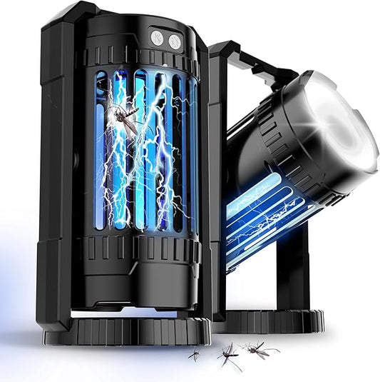 Cordless Outdoor Bug Zapper - Integrated with a 4-in-1 Mode Light, Battery-Powered Rechargeable Mosquito Lamp, Insect Trap, Up to 12 Hours of Battery Life, Black