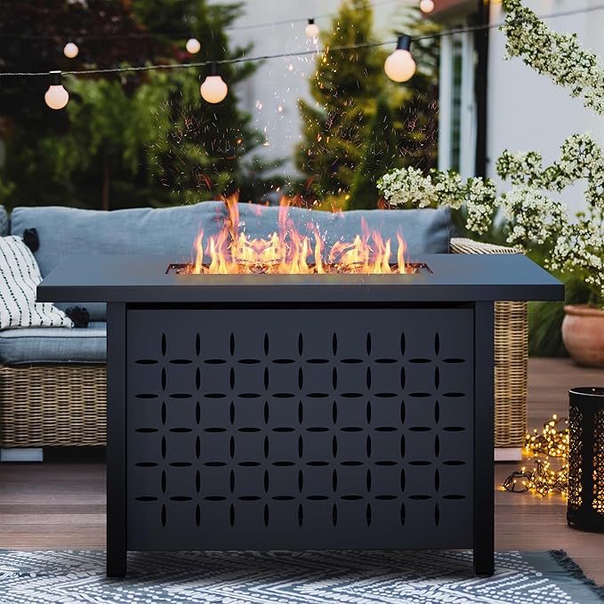 Vongrasig 43 inch Gas Fire Pit Table, 50,000 BTU Outdoor Rectangular Propane Firepit Table with Lid, Glass Wind Guard, Lava Rock, 2 in 1 Firepit Table for Outside, Patio, Deck, Garden, Backyard