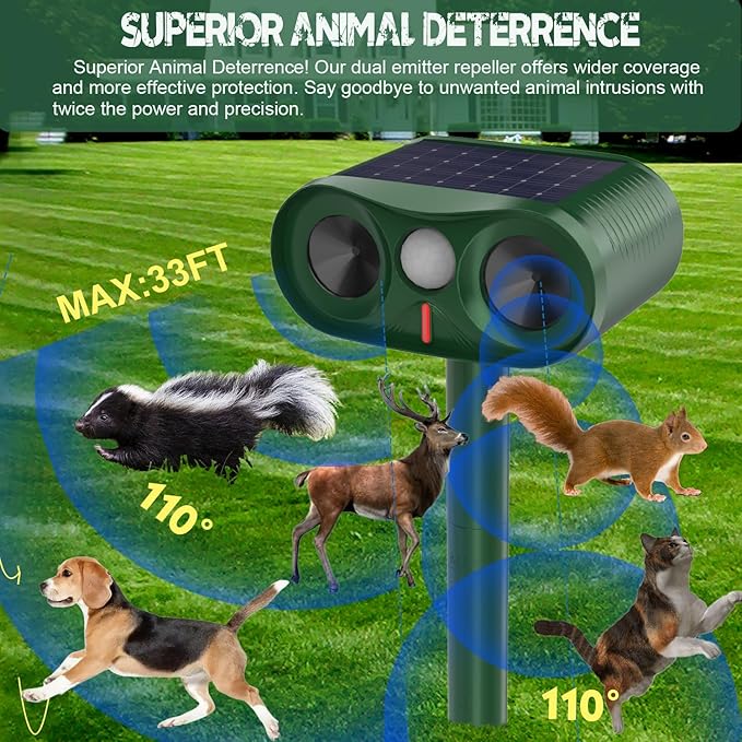 Powerful Cat Repellent Outdoor for Yard & Garden & Farm,Ultrasonic Animal Deterrent with Adjustable Sensitivity，Solar Pest Repellent, Racoon Squirrel Repellent Outdoor to Keep Unwanted Animals Away