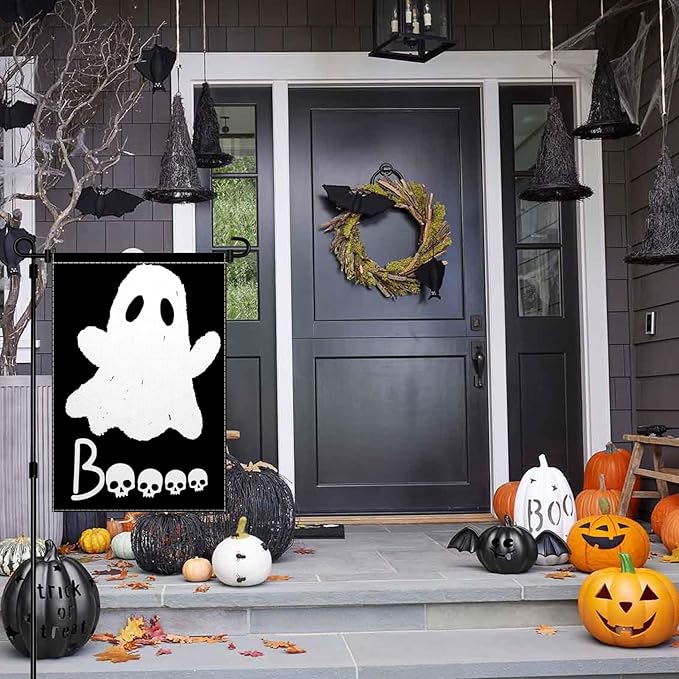 ChloropLastid Halloween Ghost Garden Flag Double Sided 12x18 Inch Scary Boo Black Holiday Yard Flag Small Burlap Outdoor Decorations