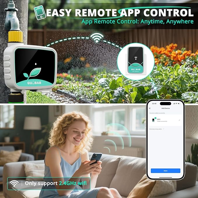QUOBAS WiFi Sprinkler Timer with Brass Inlet & Outlet, Smart Water Timer for Garden Hose with APP Remote Control, Manual Watering, Rain Delay Watering, for Lawn, Garden