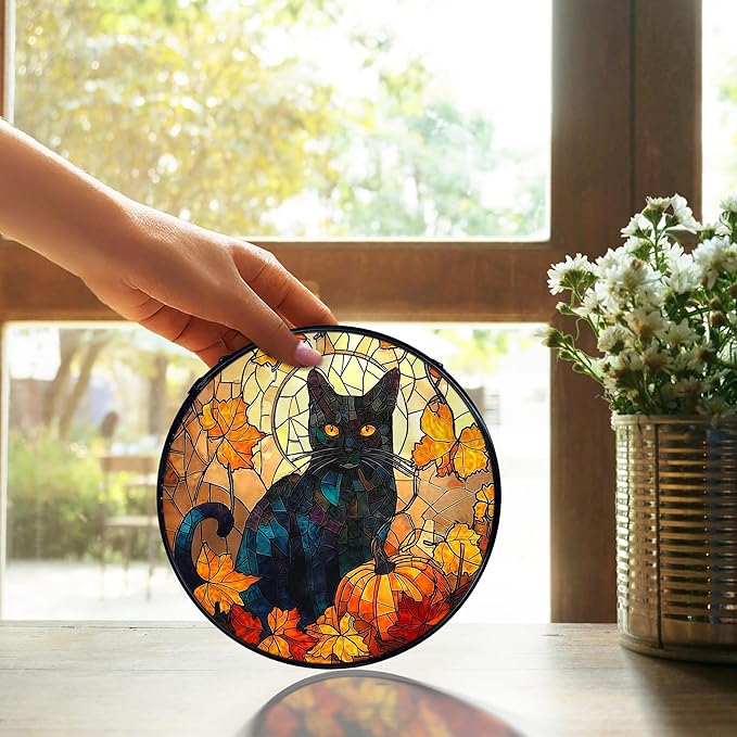 TNUW Fall Pumpkin Black Cat Stained Glass Window Hanging, Autumn Pumpkin Maple Leaf Black Cat Sun Catchers Indoor Window Glass Round Wall Art Decor, Rustic Fall Wall Hanging Decorations, 7.9＂x7.9＂