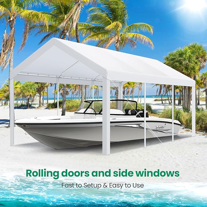 COBIZI Carports 10x20 Heavy Duty Car Tent Garage, Galvanized Frame Car Canopy Outdoor Shelter Waterproof & UV Protected with Windproof Ropes & Built-in Sandbags for Car Truck Boat, White