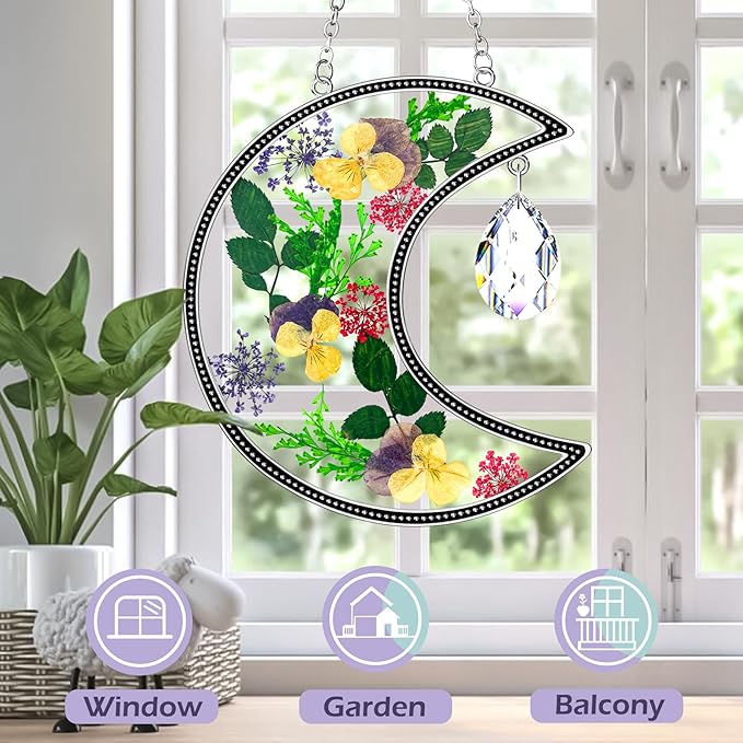 KY&BOSAM Crystal Moon Suncatchers Gifts for Mom Family Friends Stained Glass for Windows Wind Chimes Real Flower Colorful Crystal Outdoor for Garden Indoor Home Trees Patio Yard Porch Decor