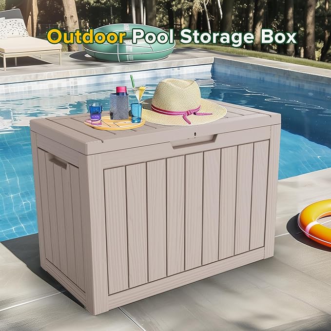 45 Gallon Large Deck Box,Resin Outdoor Storage Box with Lockable for Patio Furniture, Pool Accessories, Garden Tools Waterproof Outside Storage Box, Grey