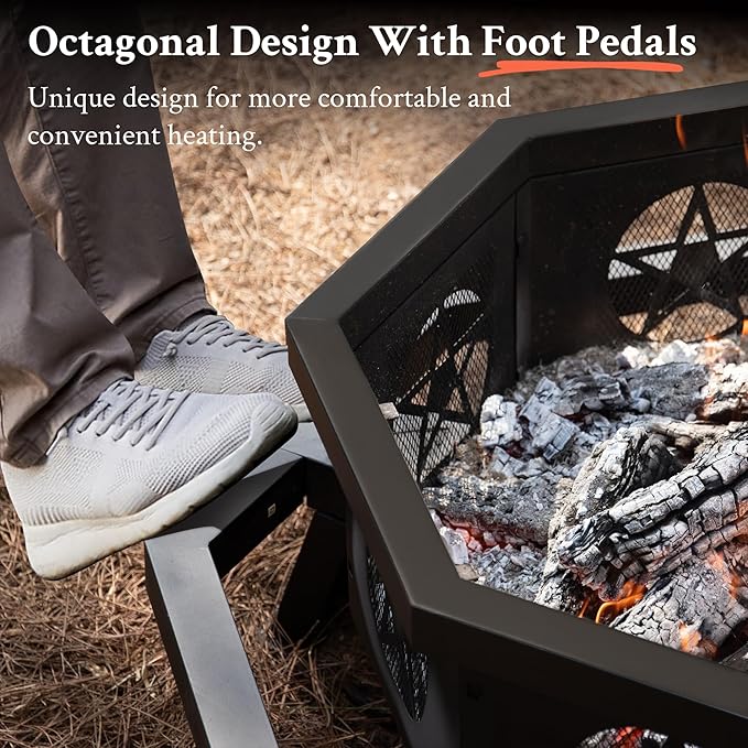 43 Inch Octagonal Fire Pit with Cooking Grill,Outdoor Wood Burning Fire Pit for Camping Outside Picnic Bonfire,Heavy Duty Firepit for Backyard Garden Patio