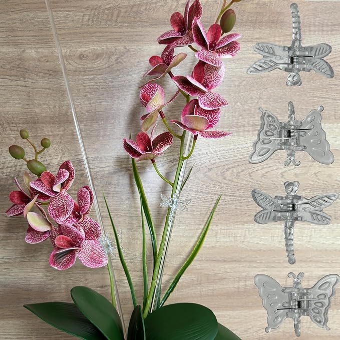 30Pcs Acrylic Plant Stakes Garden Single Stem Plant Support Stakes Clear Orchid Stakes and 30Pcs Clips Plant Support Sticks Clear Dragonfly Orchid Clip for Indoor and Outdoor Plants, Flowers, Tomatoes