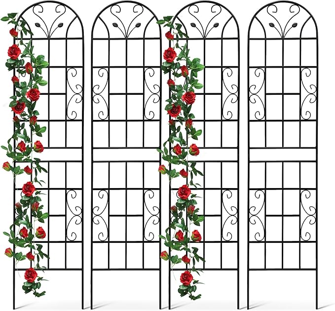 4 Pack Metal Garden Trellis 86.7" Tall Outdoor Climbing Plant Support for Roses, Flowers, Rustproof Durable Black Galvanized Tube, Lawn Garden Fence Decor Screen (4, Black curves-86.7" H)