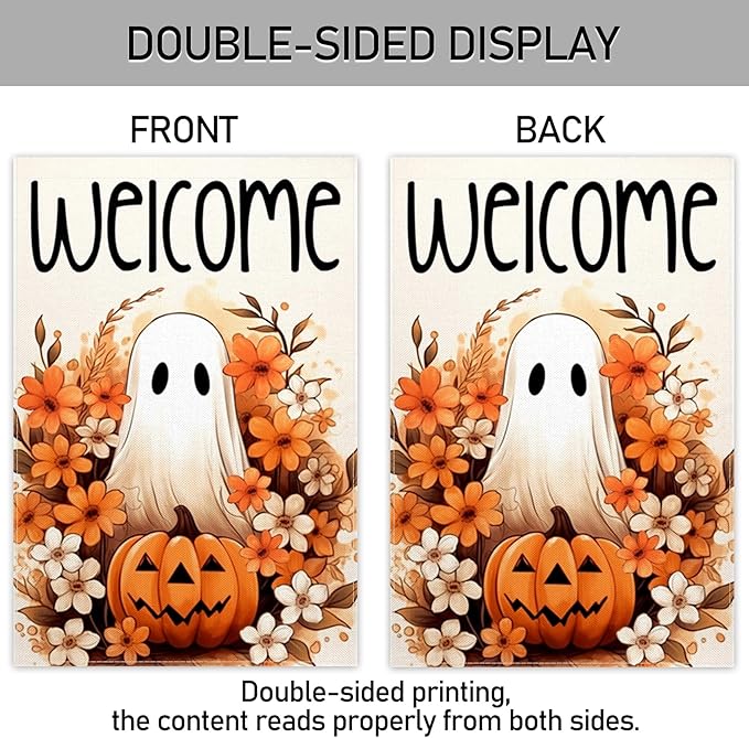 ChloropLastid Halloween Ghost Garden Flag 12x18 Inch Spooky Pumpkin Fall Welcome Holiday Outside Decorations Burlap Yard Flag Double Sided