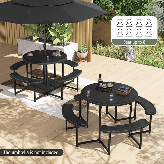 Giantex Picnic Table Bench Set for 4-8 Person, Round 37” Outdoor Dining Table w/Umbrella Hole, HDPE Tabletop, Metal Frame, Patio Furniture Set for Backyard Porch Lawn, 1400lb Capacity (Black,Round)