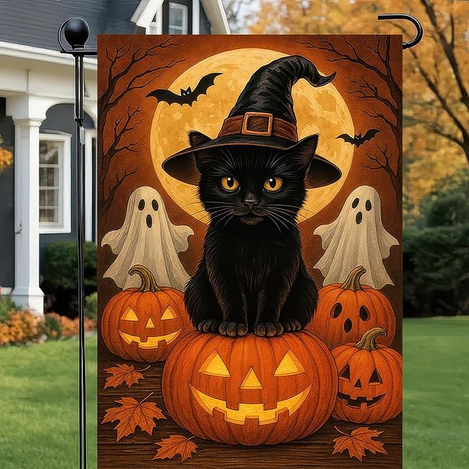 Garden Flags 12x18 Inch Halloween Black Cat Garden Flag Witch Hat Pumpkin Ghosts Double-Sided Spooky Fall Yard Decorations for Outdoor Porch Lawn Welcome Sign Holiday Banner
