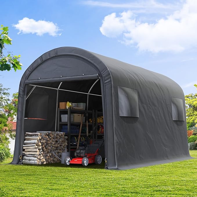 ADVANCE OUTDOOR 10x15 ft Shelter Storage Shed Steel Metal Round Peak Roof Portable Garage Carport for Motorcycle, Boat, or Garden Tools with 2 Roll up Doors & Vents, Gray