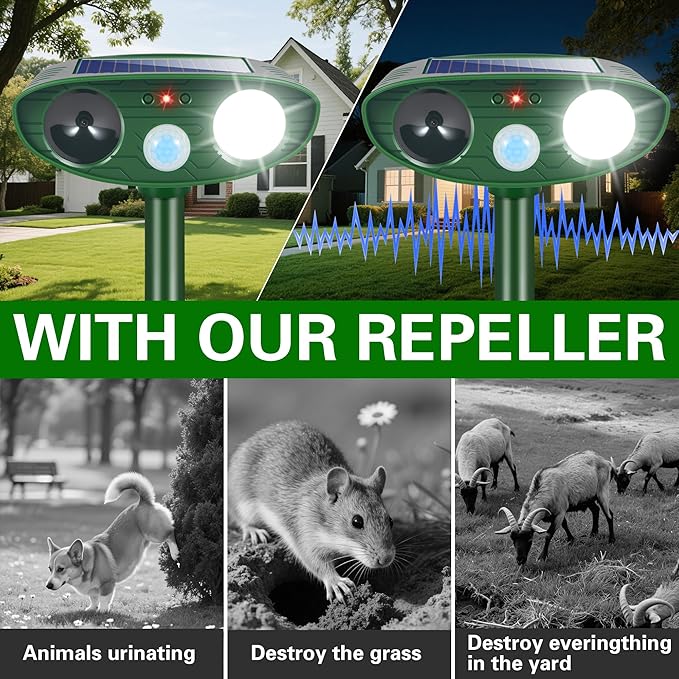 Solar Ultrasonic Animal Repellent Outdoor, Deer Repellent Devices for Yard Garden with Motion Sensor & Flashing Light, Waterproof Animal Deterrent for Cat Dog Squirrel Raccoon Rabbit Skunk Coyote Farm