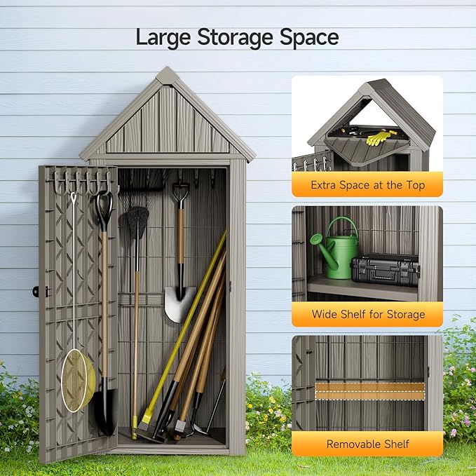 Multifunctional Storage Shed, Outdoor Storage Cabinet with Hooks and Lock Ring, Waterproof Outdoor Storage Shed for All Weather, Tool Outdoor Shed for Patio Lawn and Garden