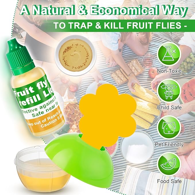 Qualirey Fruit Fly Trap for Indoors, 4 Pack Fruit Fly Trap with 4 Refill Liquid and 60 Yellow Sticky Pads, Safe Near Pets, Food and Kids, Fruit Flies Lure Liquid Trap for Home Kitchen