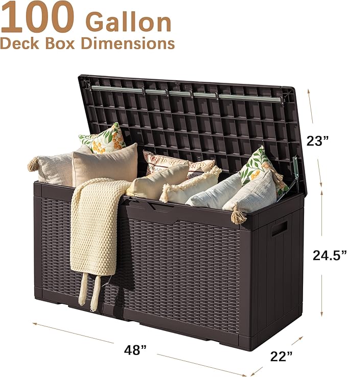 Devoko 97 Gallon Deck Box, Waterproof Resin Outdoor Storage Box for Outside and Patio, Large Outdoor Storage Bench Cabinet Lockable for Patio Furniture, Garden Tools and Pool Supplies (Deep Brown)