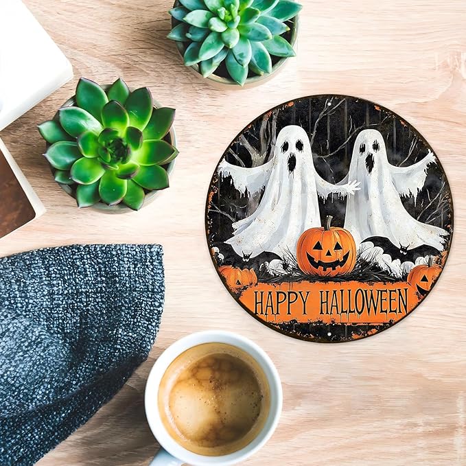PEACHGARDEN Round Happy Halloween Pumpkin Wreath Vintage Sign Halloween Ghost Metal Tin Sign for Home Bar Kitchen Hotel Dining Room Coffee 8x8inch