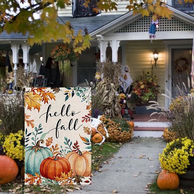 Fall Garden Flag 12 x 18 Inch Double Sided Pumpkin Maple Leaves Designs Autumn Burlap Yard Flag for Outside Rustic Yard Outdoor Holiday Home Decoration