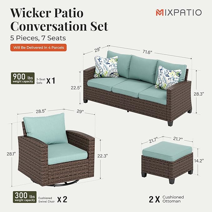 Swivel Glider Patio Furniture Set, 5 Pcs Wicker Outdoor Conversation Set, 2 x Swivel Chairs, 1 x 3 Seater Sofa and 2 x Ottoman, Blue