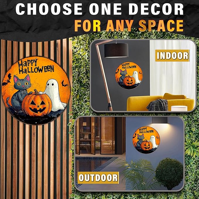 PEACHGARDEN Round Halloween Black Cat Vintage Sign Happy Halloween Pumpkin Metal Tin Sign for Home Bar Kitchen Hotel Dining Room Coffee 8x8inch