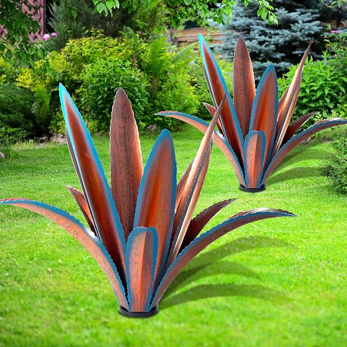 TOMBABY Enlarge Thickened Wind Resistant Metal Agave Garden Art Metal Plant Country Sculpture Statue Outdoor Decoration Agave Metal Plant Courtyard Garden Lawn Ornament Gift (1, 12 Leaves Blue)