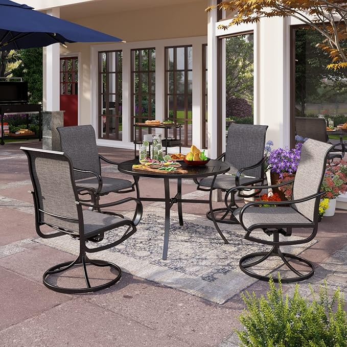 PHI VILLA Patio Dining Set 5 Piece, 4 Breathable Textilene Swivel Patio Chairs and 1 Round Metal Table with 1.57" Umbrella Hole, All Weather Resistant for Lawn Garden