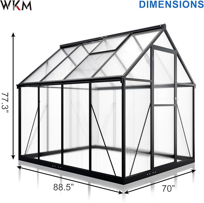 WKM 5.8x7.3 FT Greenhouse for Outdoors, Quick-fit Structure Greenhouse with Window for Ventilation, Aluminum Green House for Garden Backyard, Black