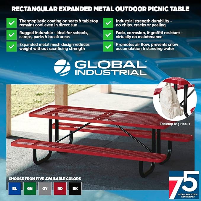 Global Industrial 6’L Rectangular Picnic Table, Expanded Metal, Green Thermoplastic Coating, Attached Benches, 1-1/2” Umbrella Pole Hole, Outdoor-Rated, 1000 lb Capacity, 72” x 30” Tabletop