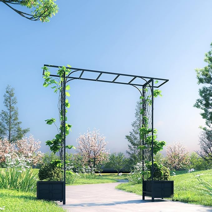 Zhongma Metal Garden Arbor with Planters, 83.5'' High x 90.5'' Wide, Outdoor Arch for Climbing Plant, Decorations Pergola with Plant Baskets …