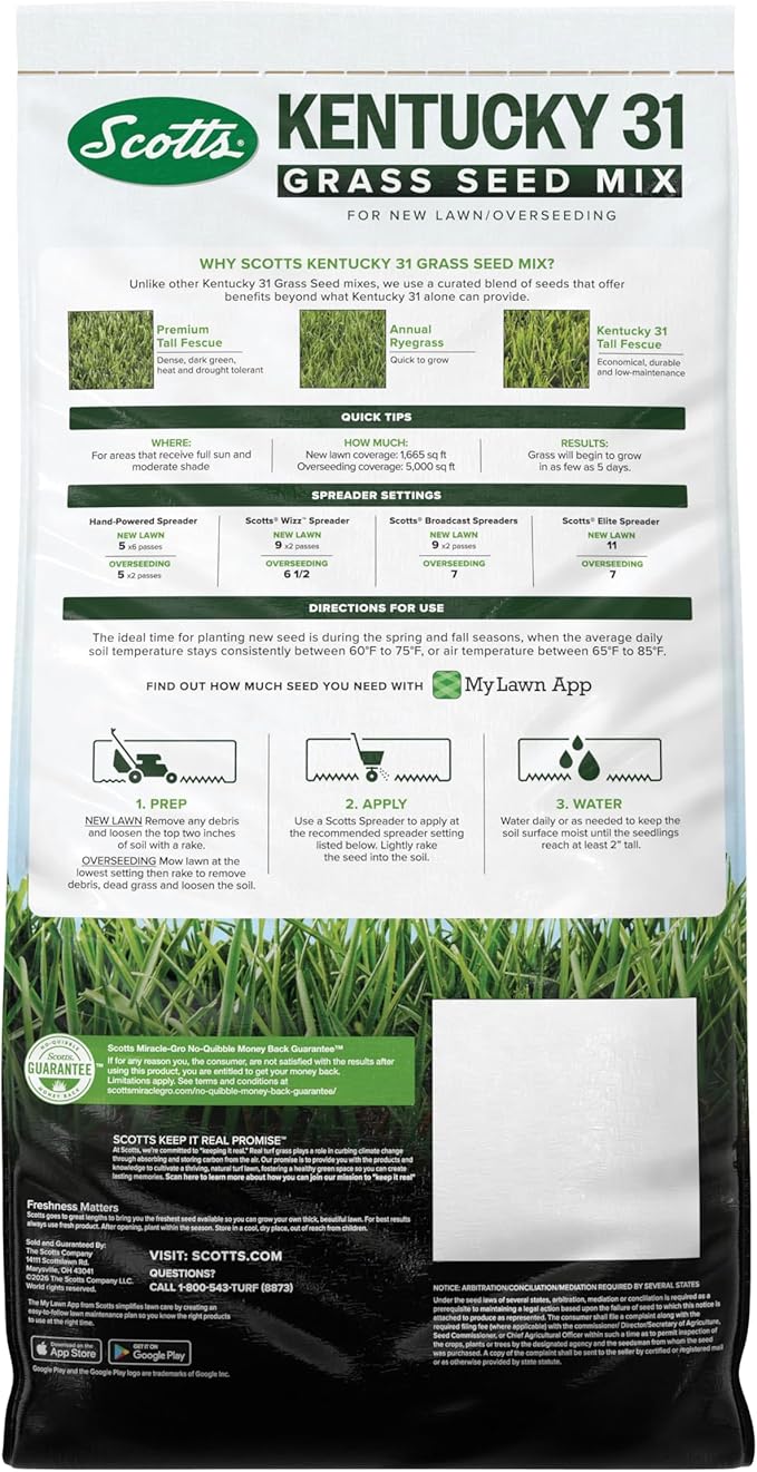 Scotts® Kentucky 31 Grass Seed Mix, for New Lawns or Overseeding, Results in as Few as 5 Days, 20 lbs.