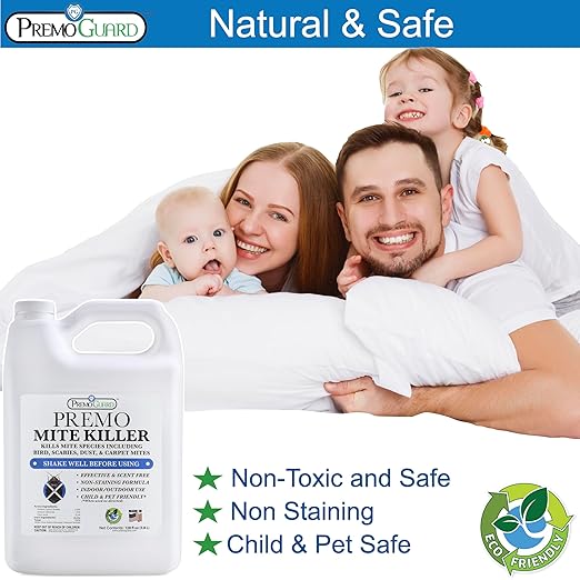 Premo Guard Mite Treatment Spray – 128 oz – Kills Dust, Human, Scabies, Spider, Carpet, Bird, Mouse & Rat Mites in Home, on Furniture, Bedding – Natural Non-Toxic 100% Effective – Child & Pet Safe