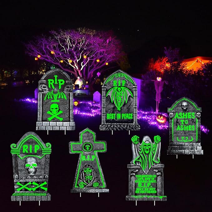 6Pcs Halloween Graveyard Decor, 16"x25" Glow in The Dark Tombstones for Outdoor Displays, Durable and Waterproof Gravestones, Light up Spooky Cemetery Decorations for Halloween