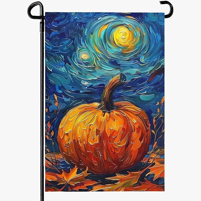 Fall Garden Flag Pumpkin Maple Leaf Yard Flags Van Gogh Garden Flags Art Starry Night Sky Moon Garden Flags Autumn Harvest Thanksgiving House Banner for Patio Farmhouse Outdoor 12 x 18 Inch