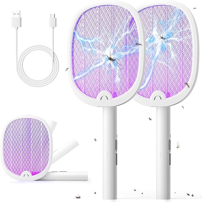 YISSVIC Electric Fly Swatter Foldable Bug Zapper Racket 2 in 1 Mosquito Killer with Purple Attractant Light Rechargeable 1800mAh for Indoor Home Backyard Patio Camping