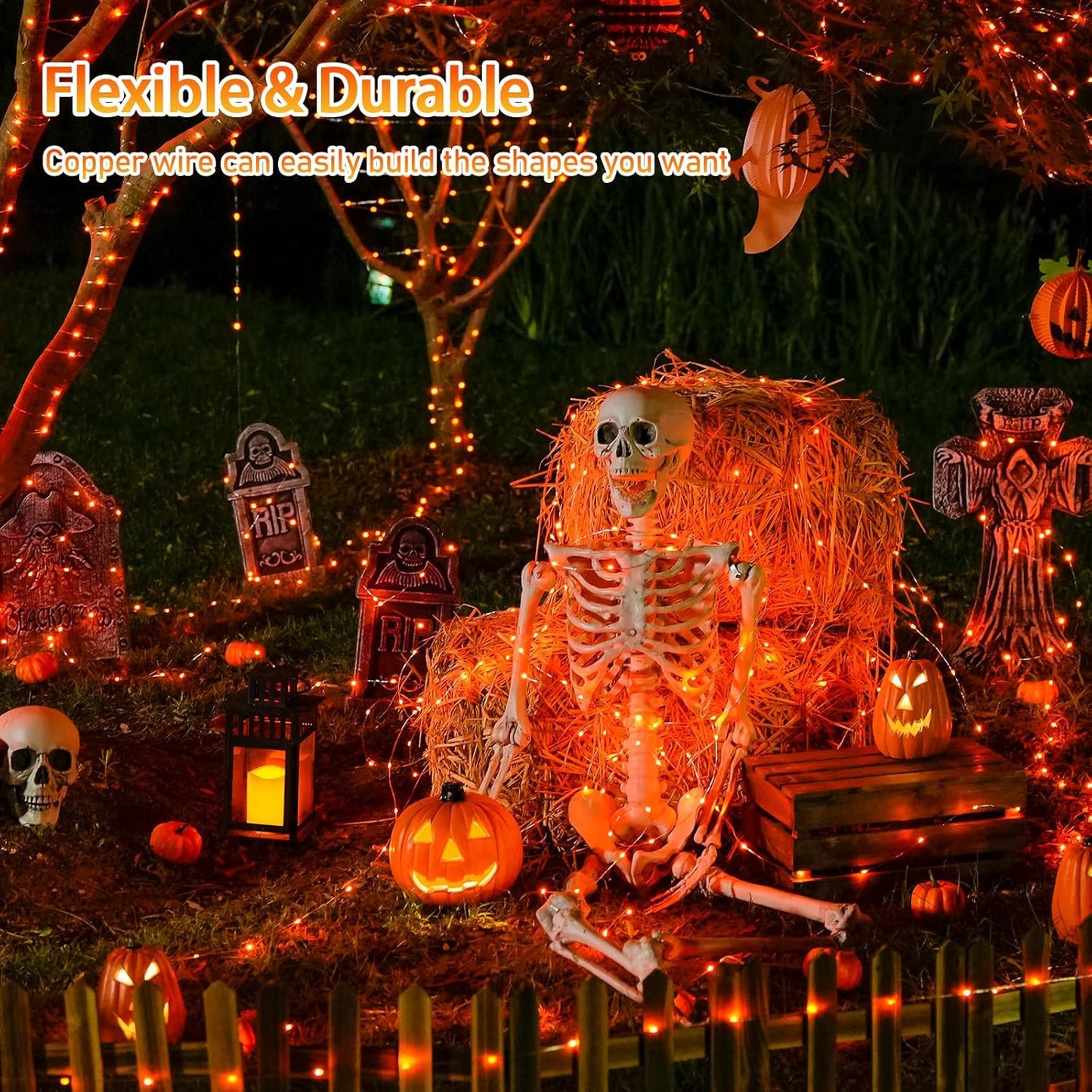 JMEXSUSS 2 Pack Solar Halloween Lights, 33ft 100 LED Orange Halloween Lights Outdoor, Waterproof Solar Fairy String Light for Tree Yard Patio Garden Thanksgiving Decorations