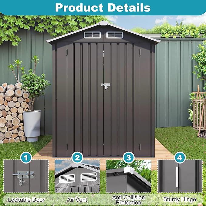 5X3 FT Outdoor Metal Storage Shed, Tool Shed with Peaked Roof and Lockable Door, Compact Garden Shed for Backyard Garden Patio Lawn, Gray