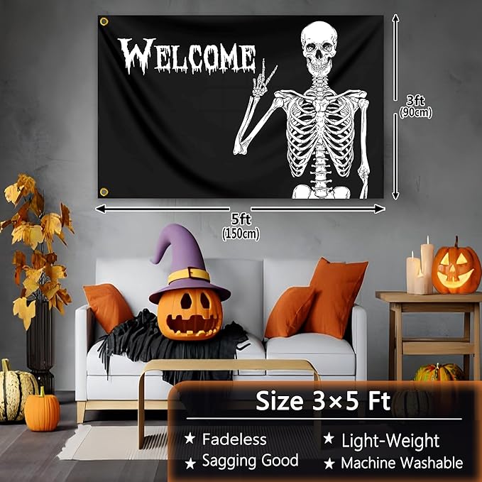 Halloween Flags for Outside 3x5 Ft Halloween Skull Flag Durable Polyester Double Sided Halloween Skeleton Flags for Indoor House Outdoor Yard Holiday Banner Signs Decorations