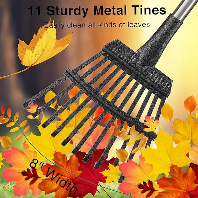 Small Graden Rake - 8 inch Width Metal Leaf Rake for Gardening, Yard, Flower Beds, Mulch, Shrub Long Handle, 6ft