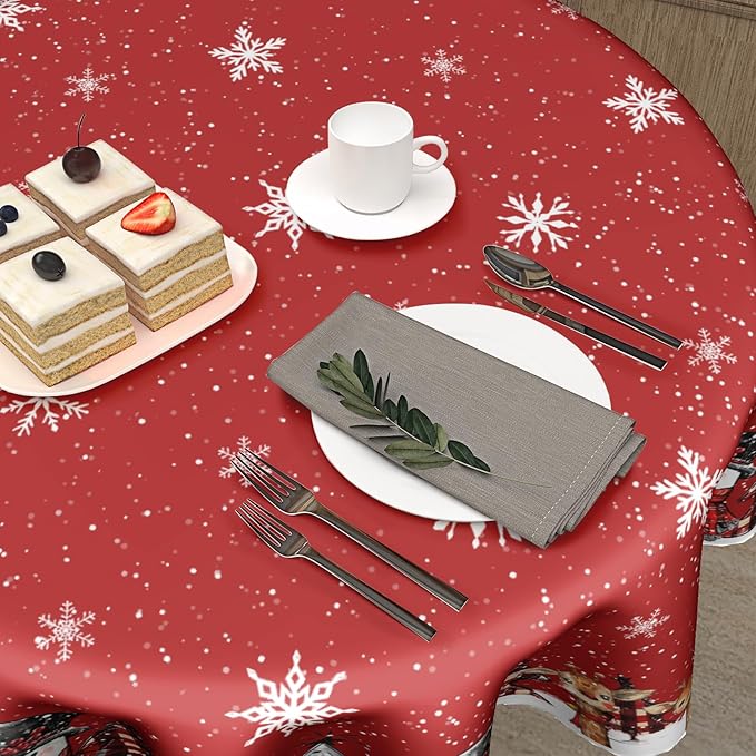 Christmas Round Tablecloth 60 Inch,Xmas Snowman Snowflakes Red Farmhouse Reusable Washable Polyester Table Cover for Kitchen Holiday Party Outdoor Dining Room Home Decor Gift